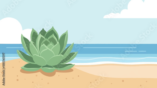 A lone succulent plant thrives on a sandy beach beside the ocean