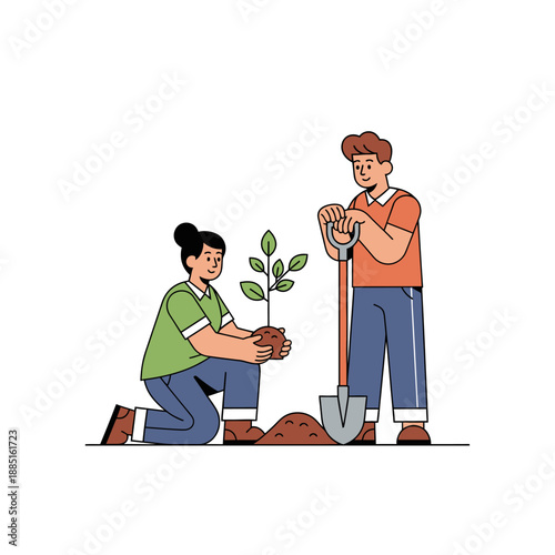 Couple planting a small tree together in fertile soil, teamwork and nature.