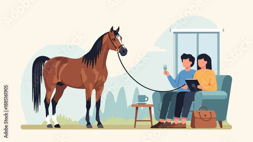 A horse is led into a living room where a couple relaxes on a couch