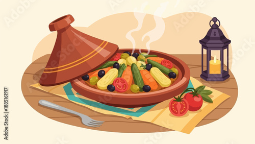 A hot, steamy vegetable stew served in a traditional clay pot with a lantern