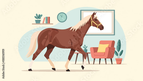 A horse walks through a living room with furniture and plants