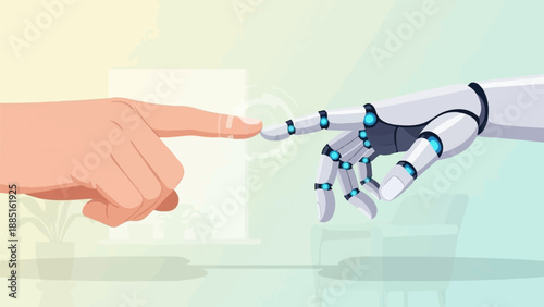 A human finger touches a robotic hand with blue accents