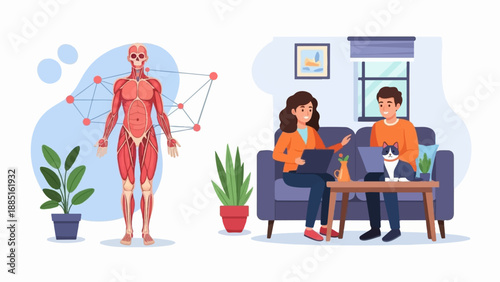 A human anatomy illustration alongside a scene of two people and a cat working on laptops