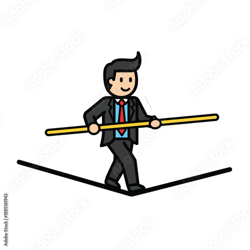 A cartoon man balances on a tightrope