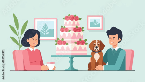 A joyful celebration couple, dog, and tiered cake
