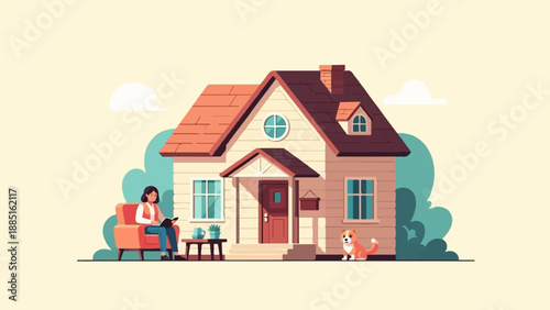 A person sits relaxing on a chair outside a house with their dog