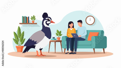 A large bird stands in a living room with a couple on a couch using a laptop