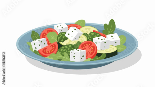 A refreshing salad with cubes of cheese, tomatoes, and greens in a bowl
