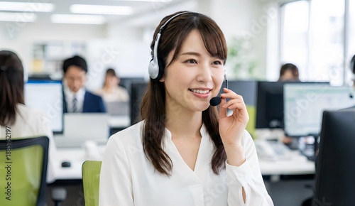 Obraz na płótnie オフィスでヘッドセットをつけて電話対応をする笑顔の日本人女性オペレーター、カスタマーサポート