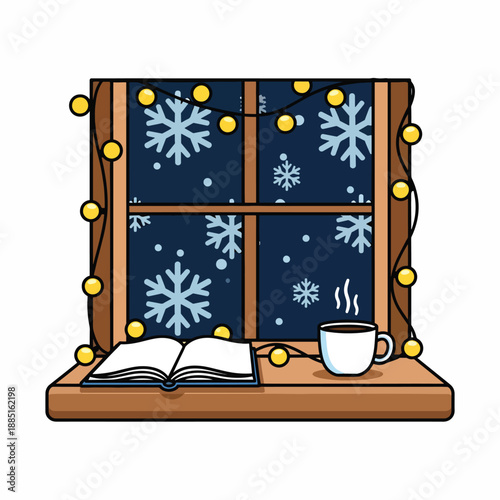 A cozy winter scene with snowflakes outside a window
