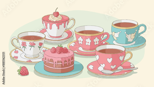 A pastel-colored tea party with cake, strawberries, and patterned teacups