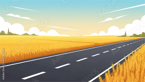 A paved road winds through golden wheat fields under a vast, cloudy sky