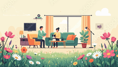 A peaceful domestic scene with two people and a dog enjoying time together indoors