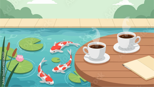 A peaceful pond scene with koi fish, lily pads, and two cups of steaming coffee