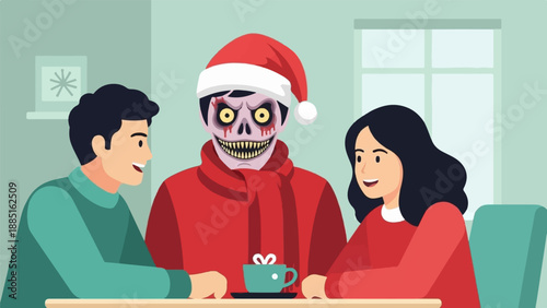 A spooky character in a Santa hat sits between two smiling people at a table
