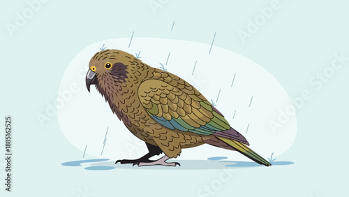 A pixelated parrot stands in the rain on a light blue background