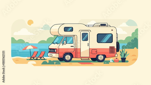 A retro RV is parked on a sandy beach with beach chairs and an umbrella