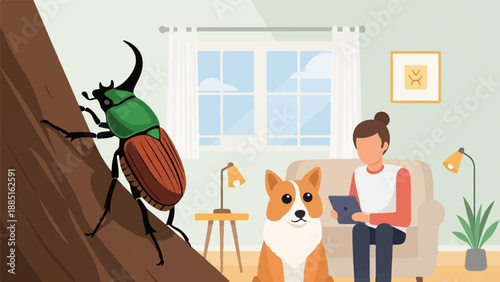 A rhinoceros beetle climbs a tree next to a person and dog indoors