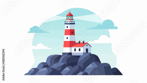 A stylized lighthouse stands tall on a rocky outcrop under a cloudy sky