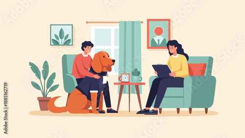 A person and dog sit on a sofa while another person reads a tablet
