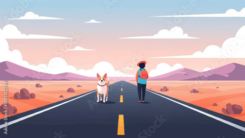 A person and dog stand on an empty road in a desert landscape