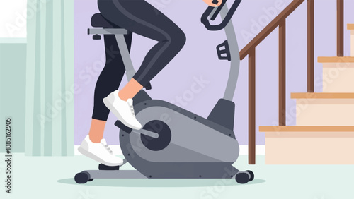 A person exercises on a stationary bike next to a staircase