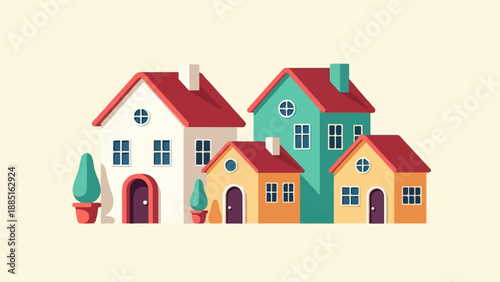 A row of cartoon-style houses with red roofs and colorful walls