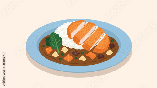 A plate of rice, breaded chicken slices, and vegetable curry