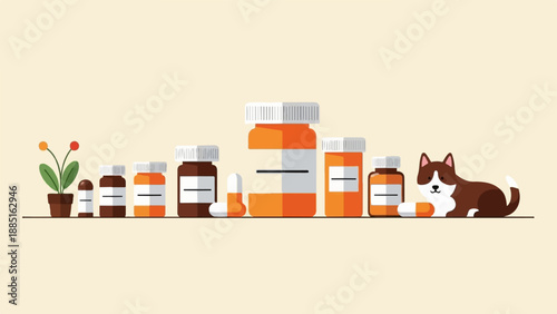 A row of medicine bottles, a plant, and a pet cat lie on a shelf