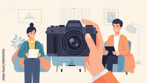 A person holds a camera capturing a scene with two individuals interacting indoors