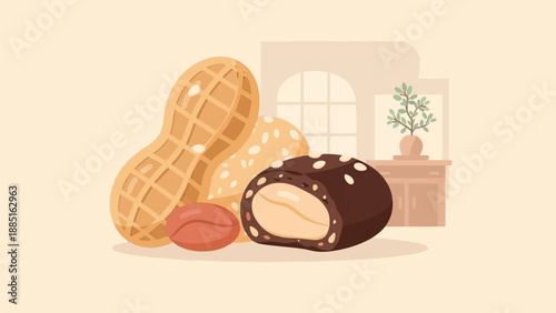 A still life of peanuts and a chocolate-covered nut with a window and plant