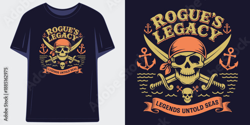 rogue's legacy legends untold seas pirate skull with crossed swords and anchor nautical theme t shirt design vector illustration artwork
