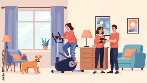 A living room scene featuring a person exercising on a stationary bike, with two people interacting and a dog