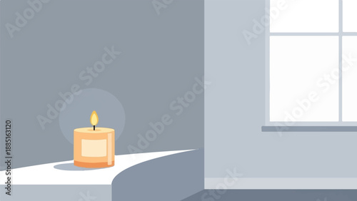 A lit candle glows softly next to a window with white panes in a minimalist room