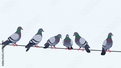 A line of seven pigeons sits perched on a thin wire against a light background