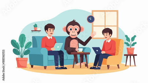 A playful monkey joins two young men working on laptops in a cozy living room