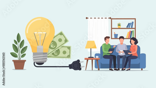 A lightbulb with cash next to a team meeting in a cozy room