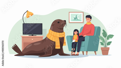 Wallpaper Mural A sea lion sits with a child and father in a living room Torontodigital.ca