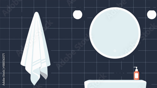 A minimalist bathroom scene with a hanging towel, circular mirror, and soap dispenser