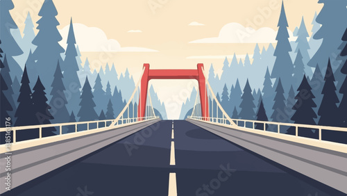 A scenic road leads to a modern red suspension bridge through a forest