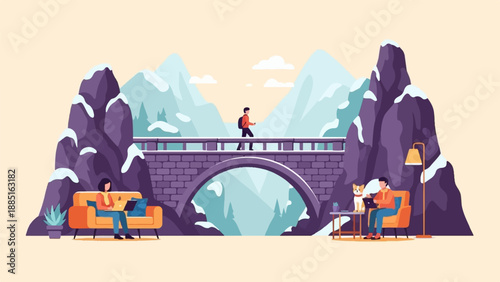 A scenic winter landscape with people enjoying indoor and outdoor activities