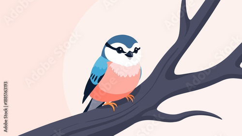 A plump, blue and pink bird with black markings perches on a bare tree branch
