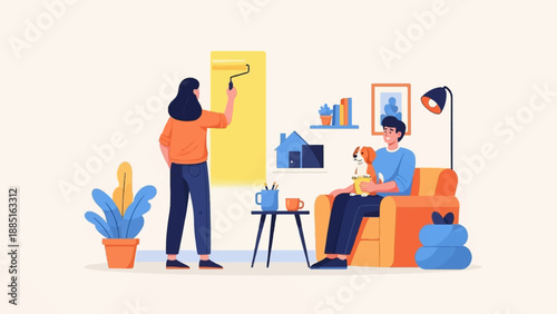A person paints a wall while another relaxes with a dog on a sofa
