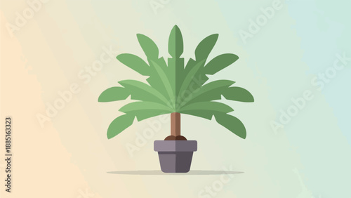 A potted palm tree with vibrant green fronds against a soft, gradient background