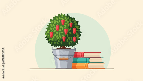 A potted plant bearing red bell peppers stands next to a stack of colorful books