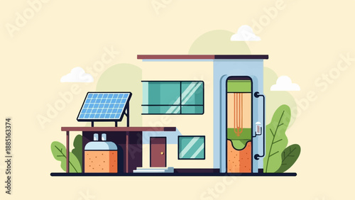 A modern house with solar panels and a water storage system