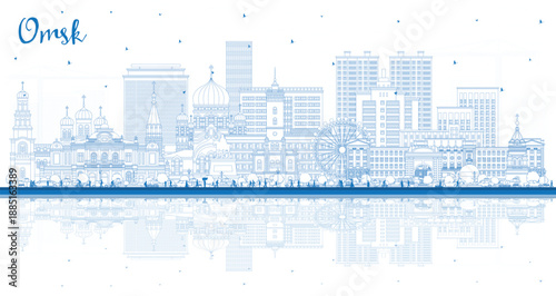 Outline Omsk Russia city skyline with blue buildings and reflections. Omsk cityscape with landmarks. Business travel and tourism concept with modern and historic architecture.