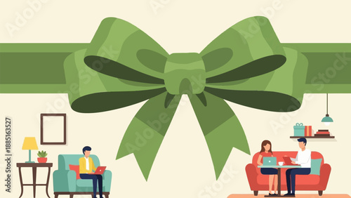 A large green bow drapes over a living room scene with people working on laptops