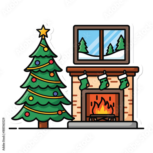 A Christmas tree beside a fireplace