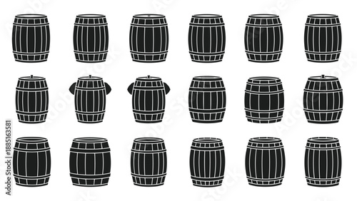 lack Silhouette Barrel Vector Set: Wooden Cask Containers for Wine, Beer, Whiskey, Storage, Alcohol, Pub, Brewery, Distillery, and Vintage Decorations